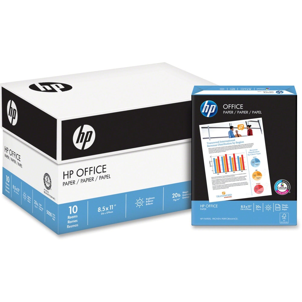 HP Office20 Printer & Copy Paper, White, Letter (8.5in x 11in), 200000 Sheets Per Pallet, 20 Lb, 92  Brightness, Case Of 10 Reams