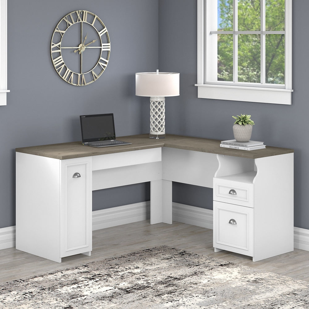 Bush Business Furniture Fairview 60inW L-Shaped Corner Desk With Drawers And Storage Cabinet, Shiplap Gray/Pure White, Standard Delivery