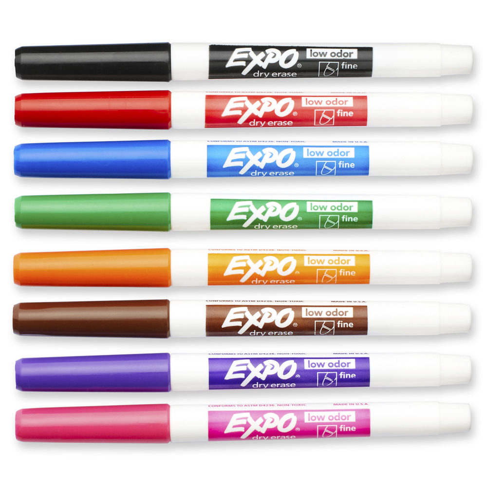 EXPO Low-Odor Dry-Erase Markers, Fine Point, Assorted Colors, Pack Of 8