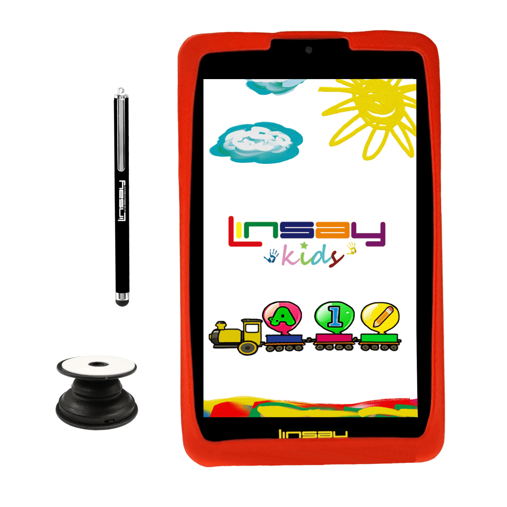 Linsay F7 Tablet, 7in Screen, 2GB Memory, 64GB Storage, Android 13, Kids Red/Bag