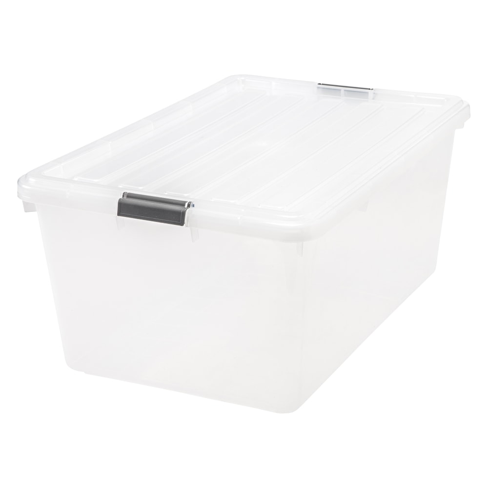 IRIS Buckle Down Plastic Storage Container With Built-In Handles And Snap Lid, 68 Quarts, 11 3/4in x 17 1/4in x 26 1/8in, Clear