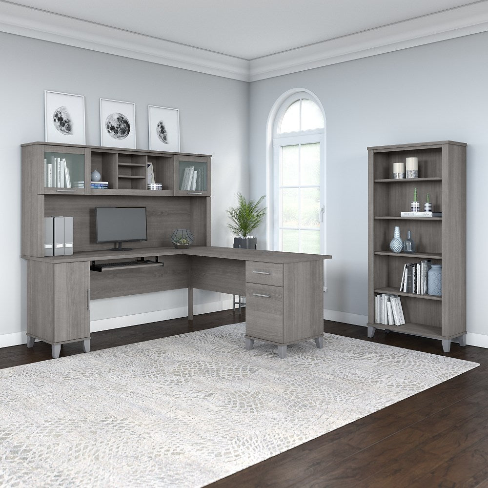 Bush Furniture 72inW L-Shaped Desk With Hutch And 5-Shelf Bookcase, Platinum Gray, Standard Delivery