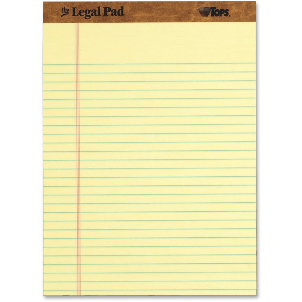 TOPS Letr-trim Perforated Legal Pads - 50 Sheets - Double Stitched - 0.34in Ruled - 16 lb Basis Weight - 8 1/2in x 11 3/4in - Canary Paper - Perforated, Hard Cover - 12 / Dozen