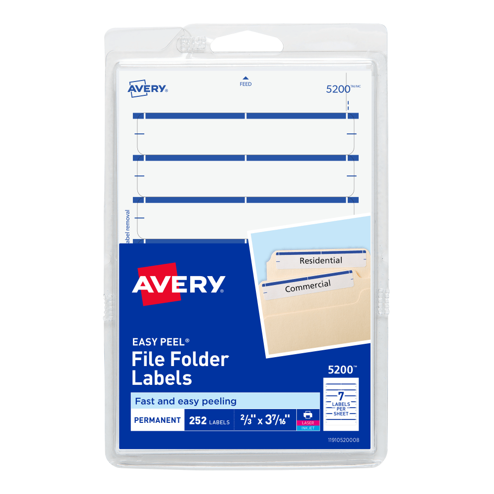 Avery File Folder Labels On 4in x 6in Sheet With Easy Peel, 5200, Rectangle, 2/3in x 3-7/16in, White With Blue Color Bar, Pack Of 252 Labels