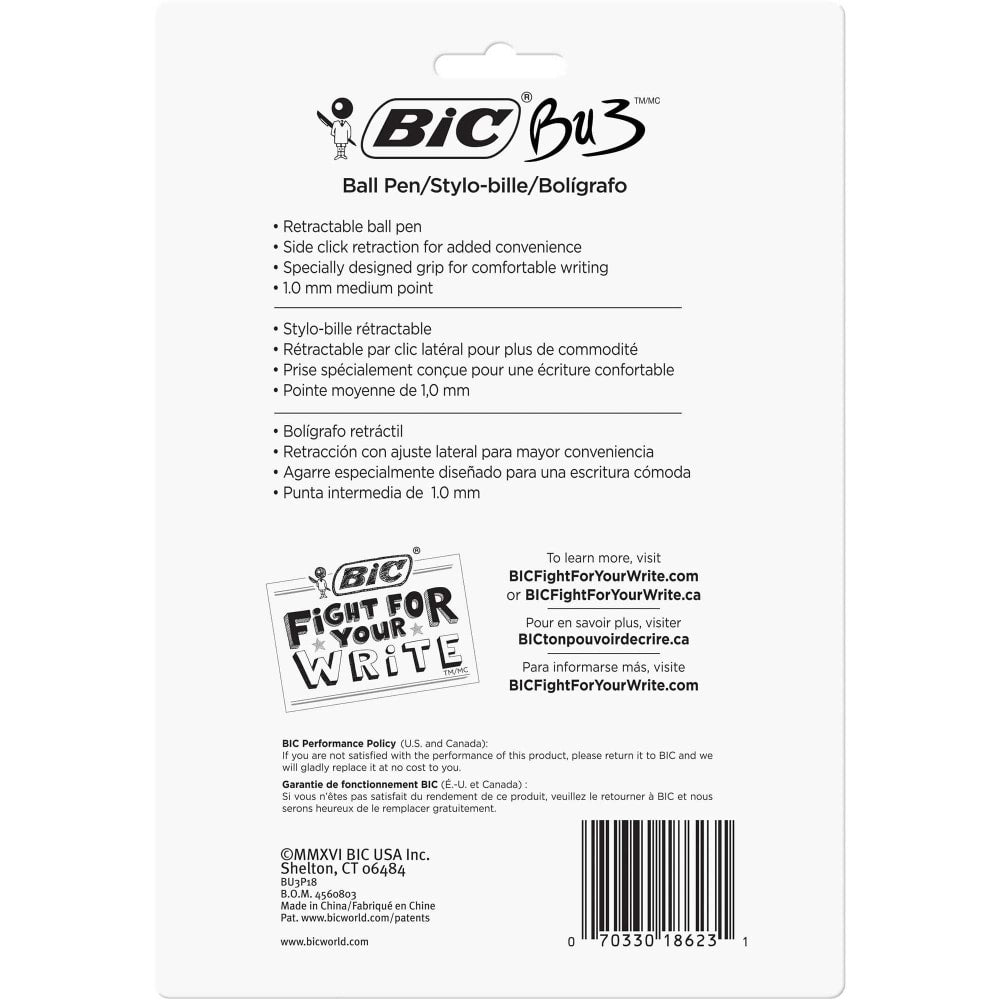 BIC BU3 Grip Retractable Ballpoint Pens, Medium Point, 1.0 mm, Clear Barrel, Black Ink, Pack Of 18 Pens