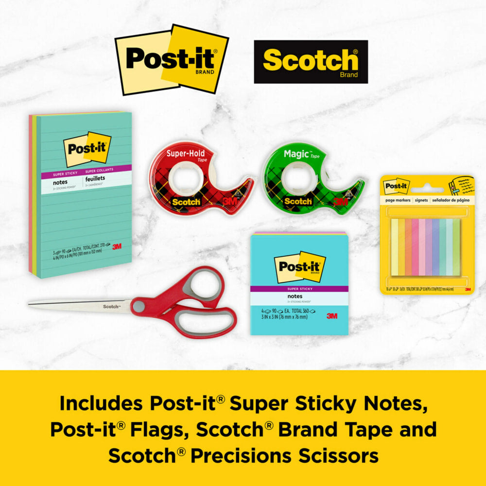 Post-it and Scotch Brand Essentials Pack, 7 Pads of Assorted Super Sticky Notes, 1 Pack Flags, 1 Roll Magic Tape, 1 Roll Super-Hold Tape, 1 Multi-Purpose Scissors