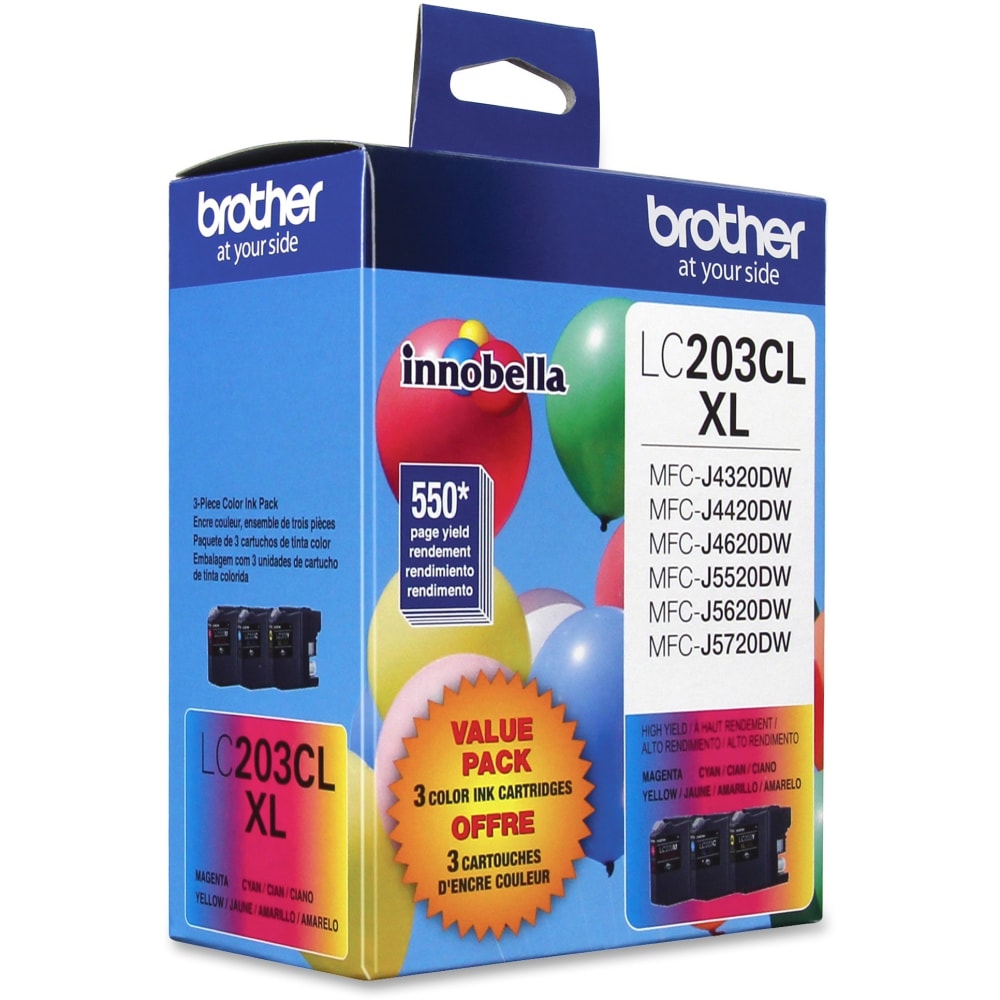 Brother LC203 Cyan; Magenta; Yellow High-Yield Ink Cartridges, Pack Of 3, LC2033PKS