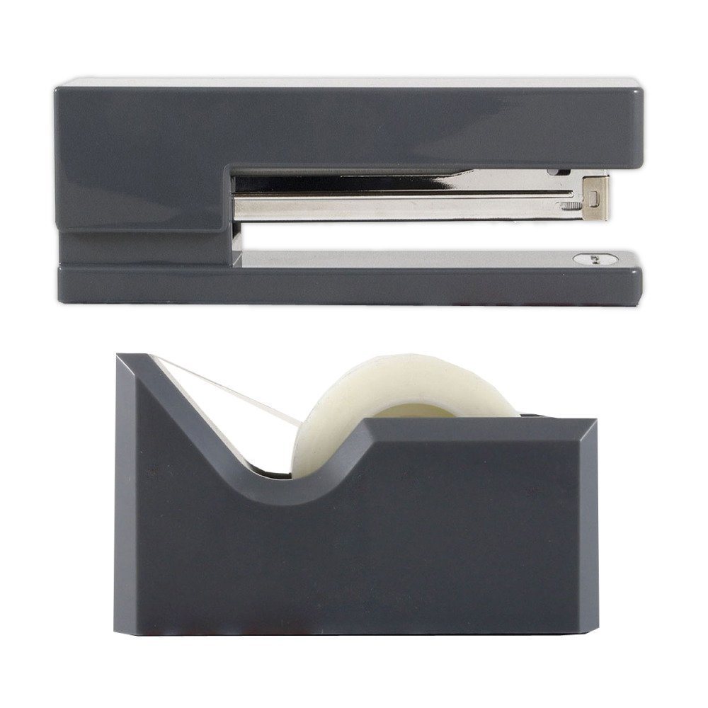 JAM Paper 2-Piece Office And Desk Set, 1 Stapler & 1 Tape Dispenser, Gray