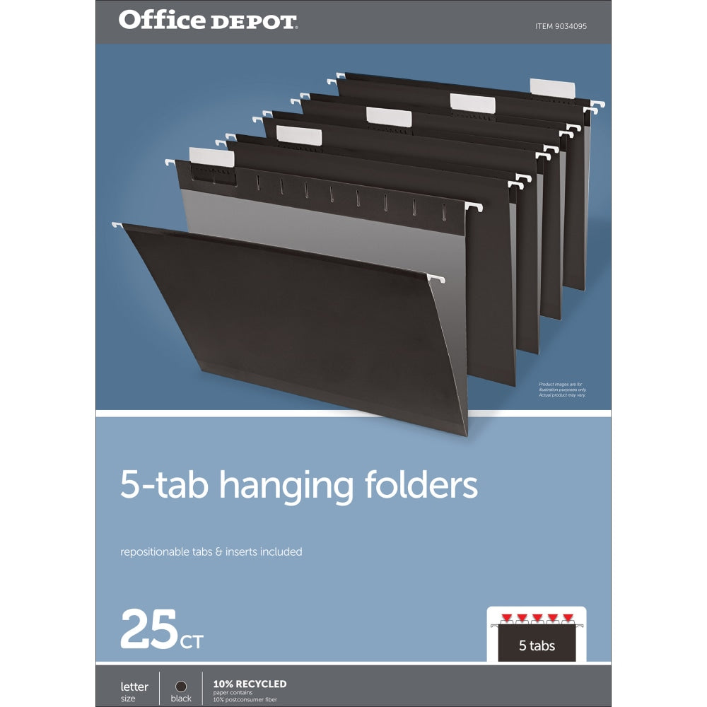 Office Depot Brand Hanging File Folders, 1/5-Cut, Letter Size, Black, Pack Of 25 Folders