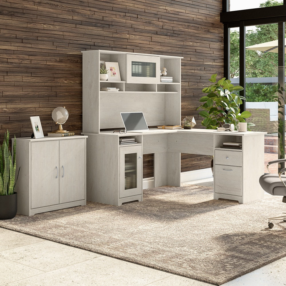 Bush Business Furniture Cabot 60inW L-Shaped Corner Desk With Hutch And Small Storage Cabinet With Doors, Linen White Oak, Standard Delivery