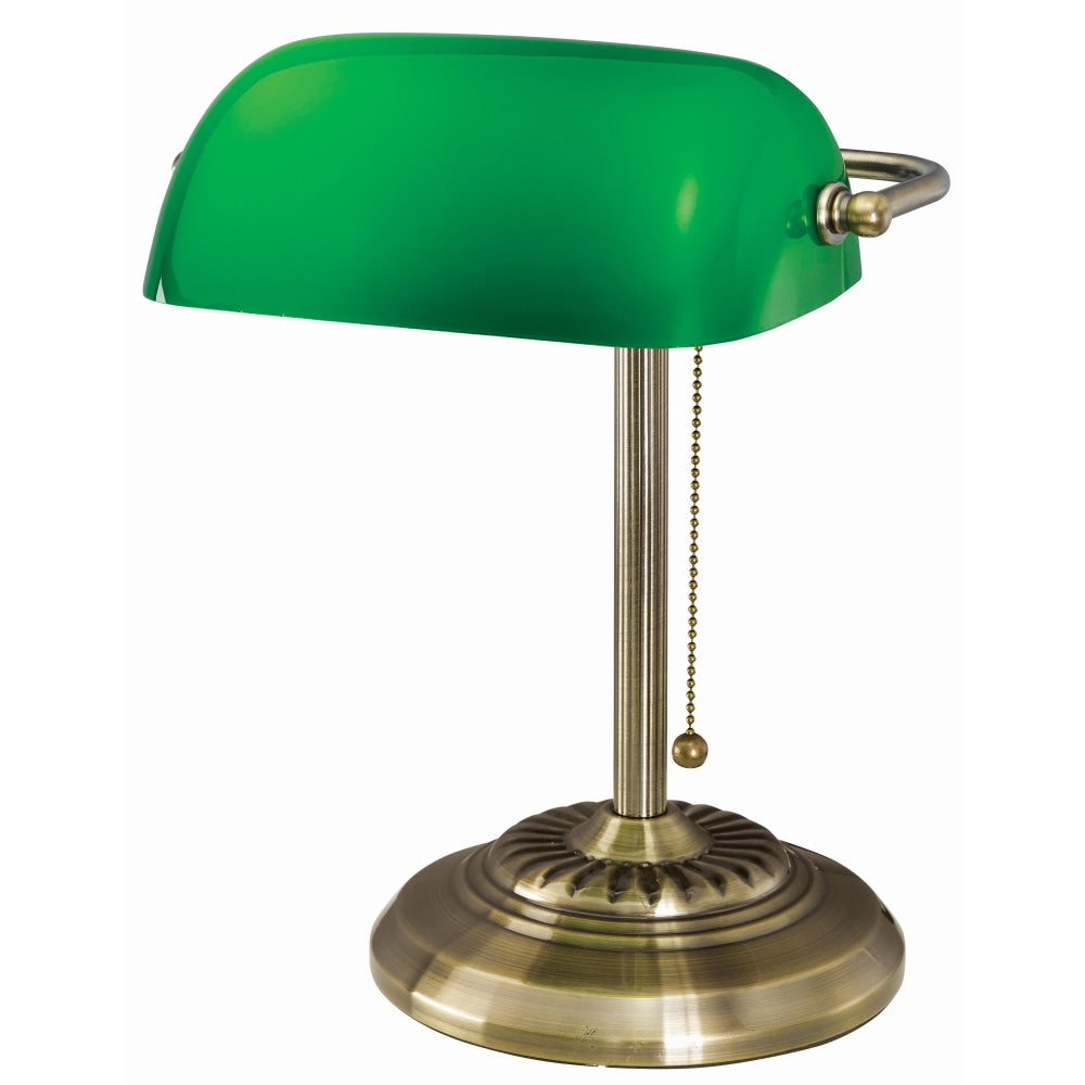 Victory Light Bankers Brass Desk Lamp - 12.5in Height - 10 W LED Bulb - Hanging Chain, Durable - Metal - Desk Mountable - Brass, Green - for Desk, Bank, Office, Reception