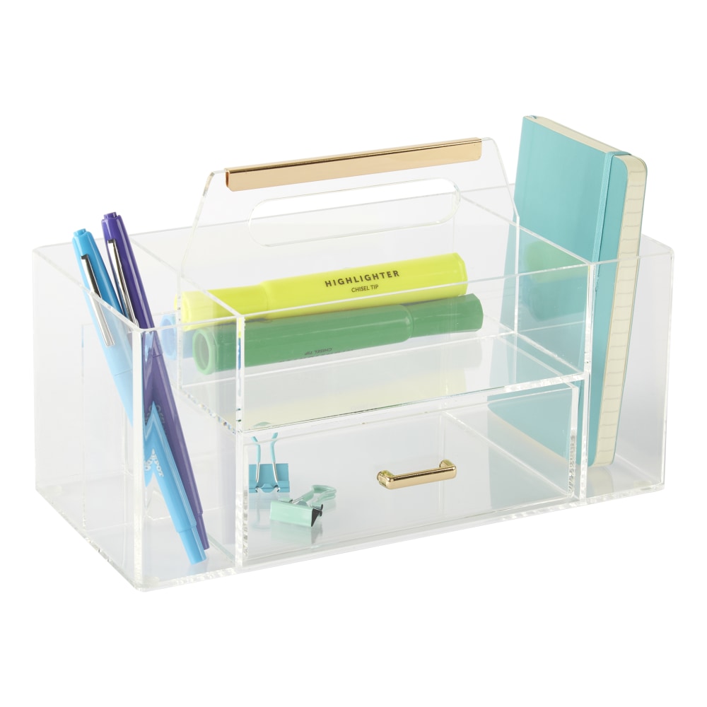 Realspace Vayla Acrylic Desktop Caddy With Handle, 6inH x 9-7/8inW x 4-3/4inD, Clear/Gold