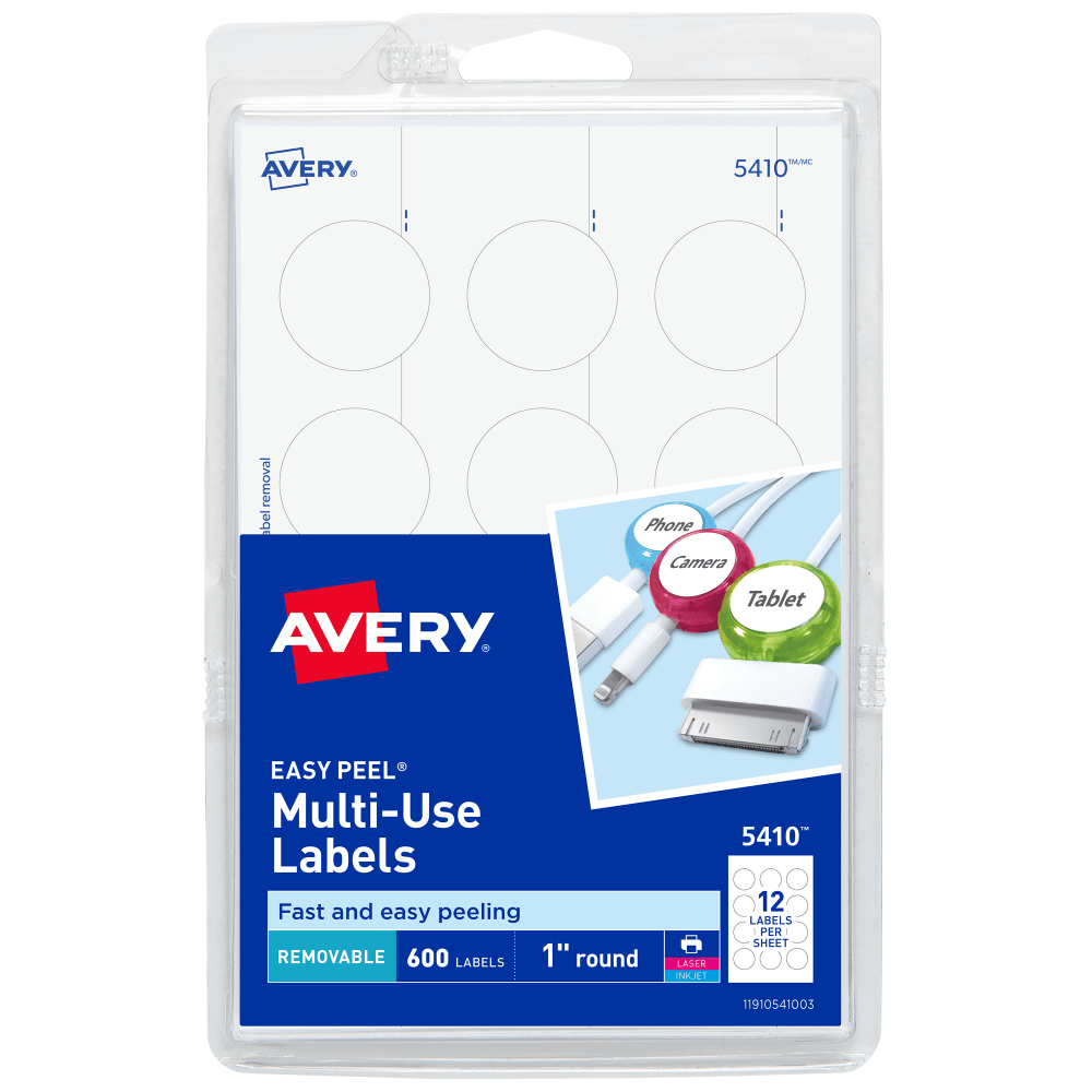 Avery Removable Multipurpose Labels, 5410, Round, 1in Diameter, White, Pack Of 600