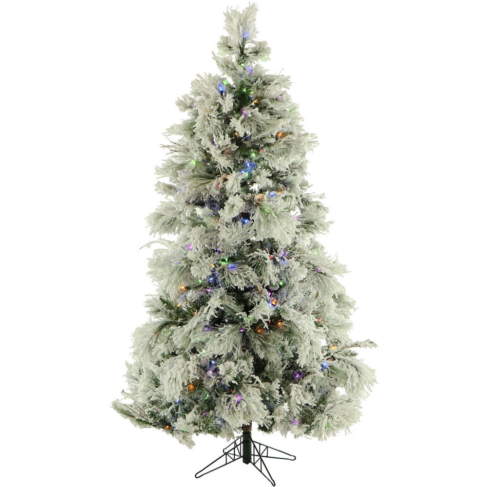 Fraser Hill Farm Flocked Snowy Pine Christmas Tree, 6 1/2ft X 80in Diameter, With Clear LED String Lighting