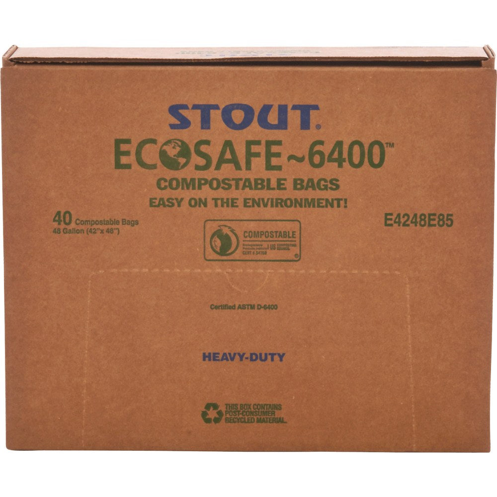 Stout EcoSafe-6400 Compostable Compost Bags, 0.85-mil, 48 Gallons, 42in x 48in, Green, Box Of 40