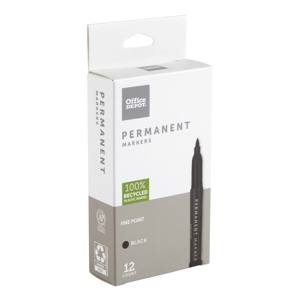 Office Depot Brand Permanent Markers, Fine Point, 100% Recycled Plastic Barrel, Black Ink, Pack Of 12