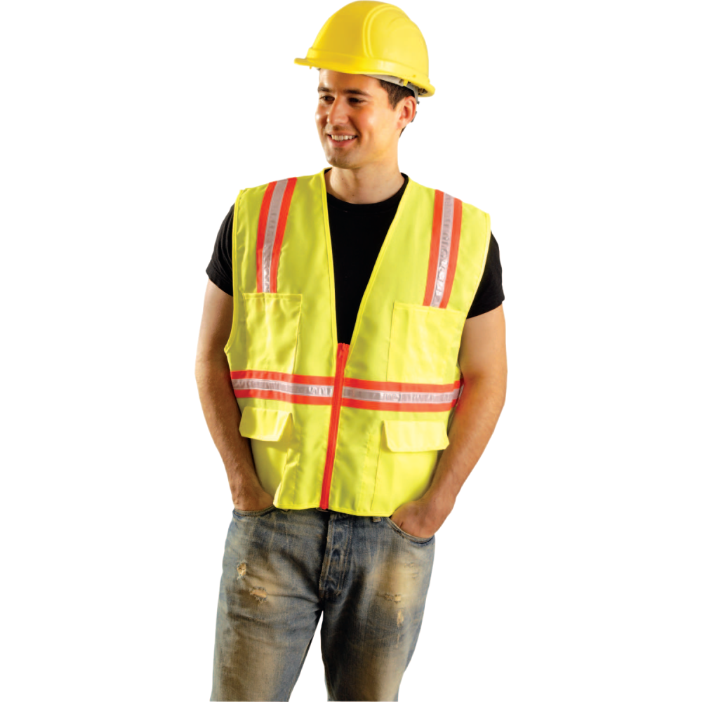 Non-ANSI Contractor Style Solid Vests, Large, Hi-Viz Orange; Yellow Trim