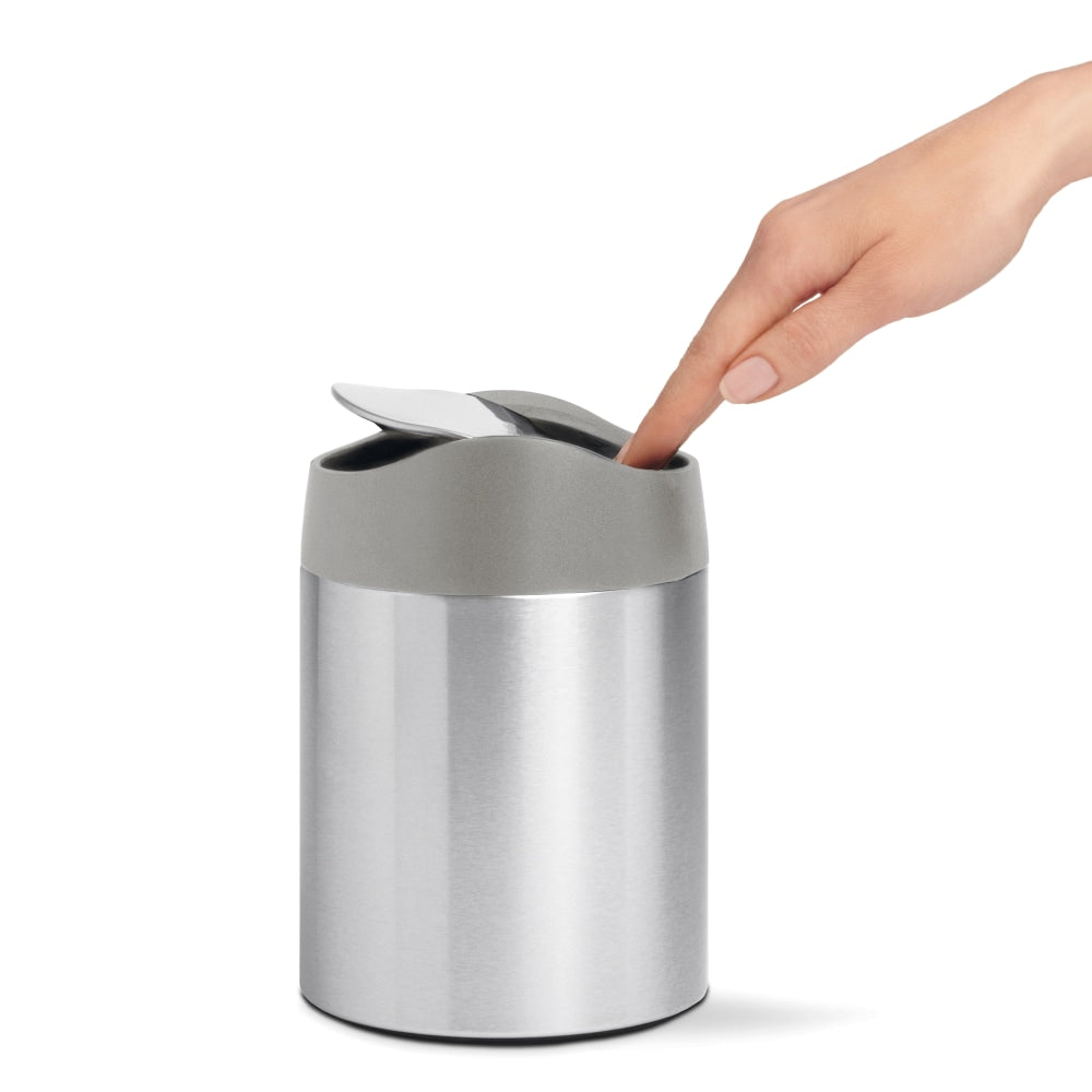 simplehuman Mini Round Steel Trash Can, 7-3/8inH x 5inW x 5inD, 1.6 Qt, Stainless Steel