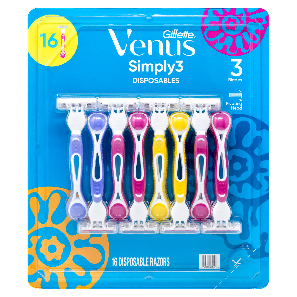 Venus Simply3 Disposables, Assorted Colors, Pack Of 16 Razors