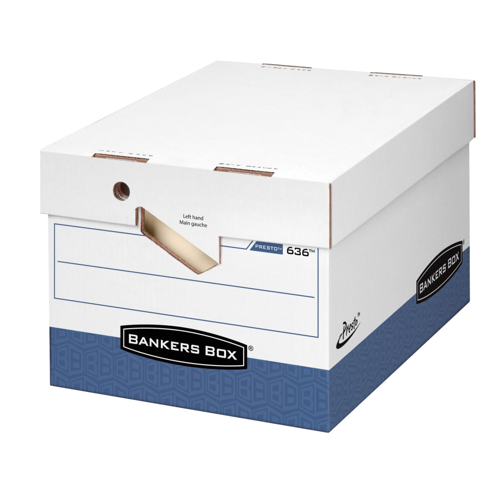 Bankers Box Presto Heavy-Duty Storage Boxes With Locking Lift-Off Lids And Built-In Handles, Letter/Legal Size, 15in x 12in x 10in, 60% Recycled, White/Blue, Case Of 12