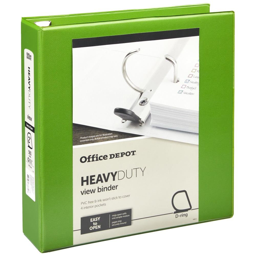 Office Depot Brand Heavy-Duty View 3-Ring Binder, 2in D-Rings, Army Green