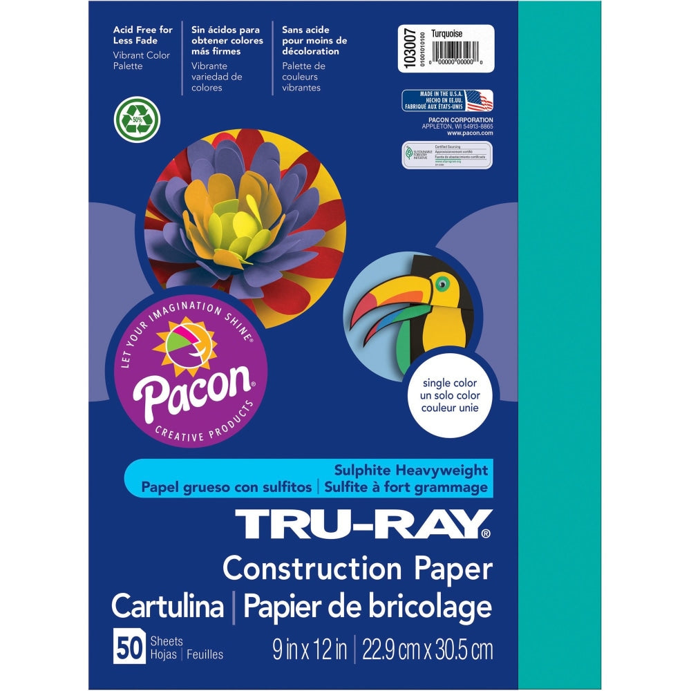 Tru-Ray Construction Paper, 50% Recycled, 9in x 12in, Turquoise, Pack Of 50