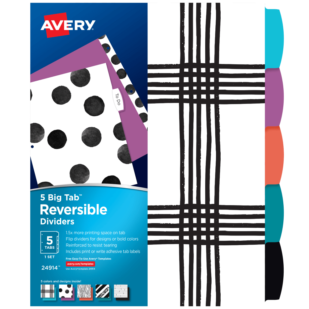 Avery Big Tab Reversible Fashion Dividers, 8 1/2in x 11in, 5 Tab, Black/White, 1 Set