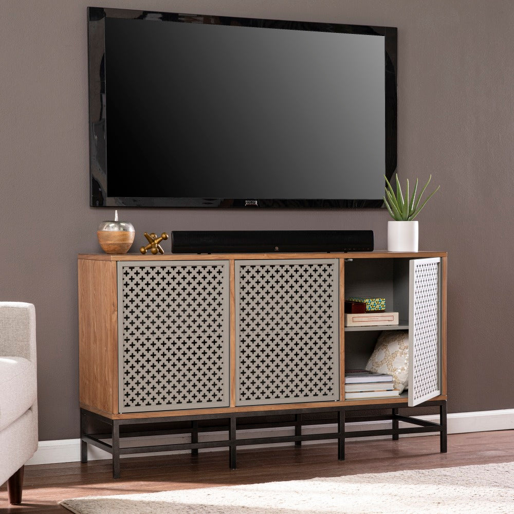 SEI Sulham Modern 3-Door Media Cabinet, 30inH x 52inW x 15-3/4inD, Natural/Gray/Gunmetal