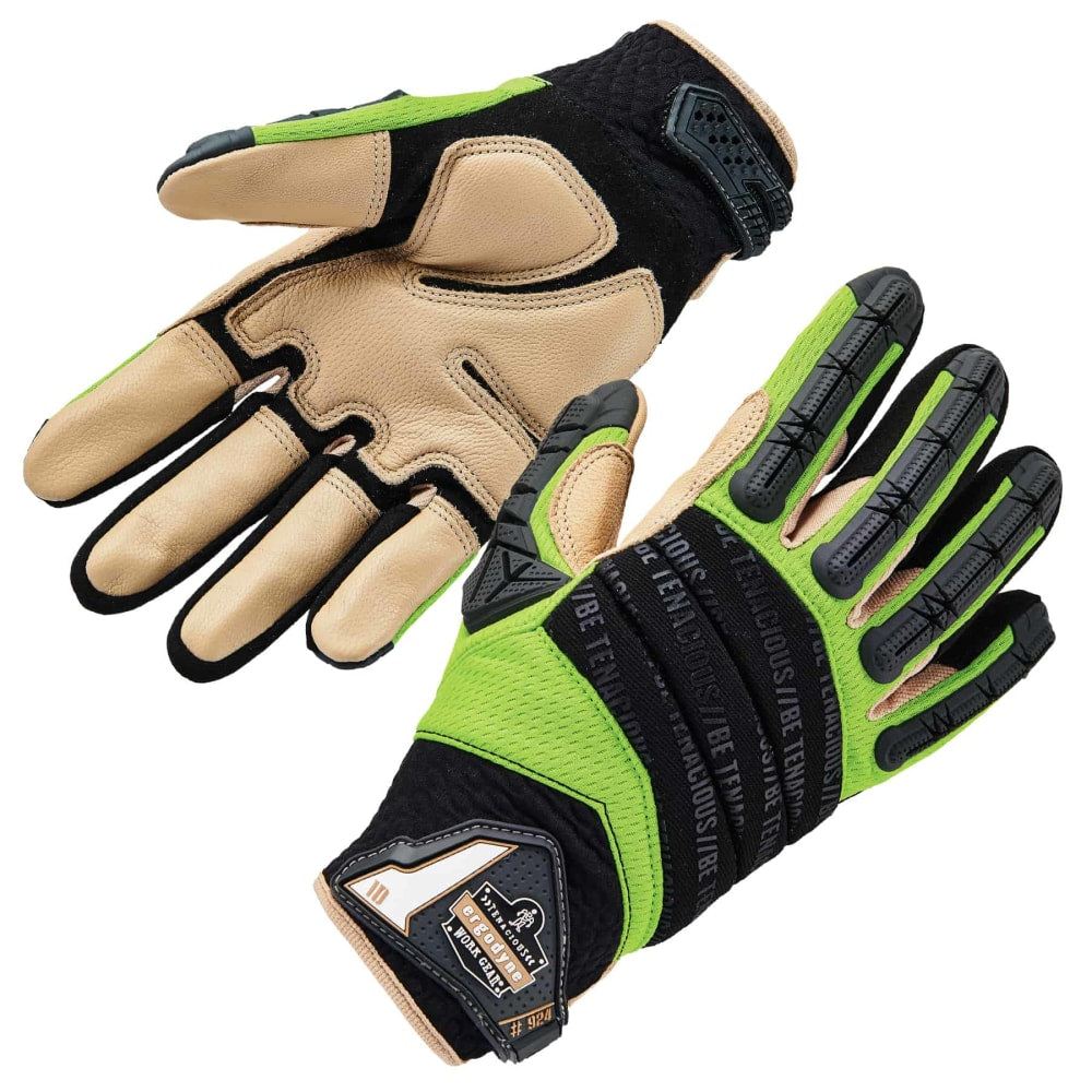 Ergodyne ProFlex 924LTR Leather-Reinforced Hybrid Dorsal Impact-Reducing Gloves, Large, Lime