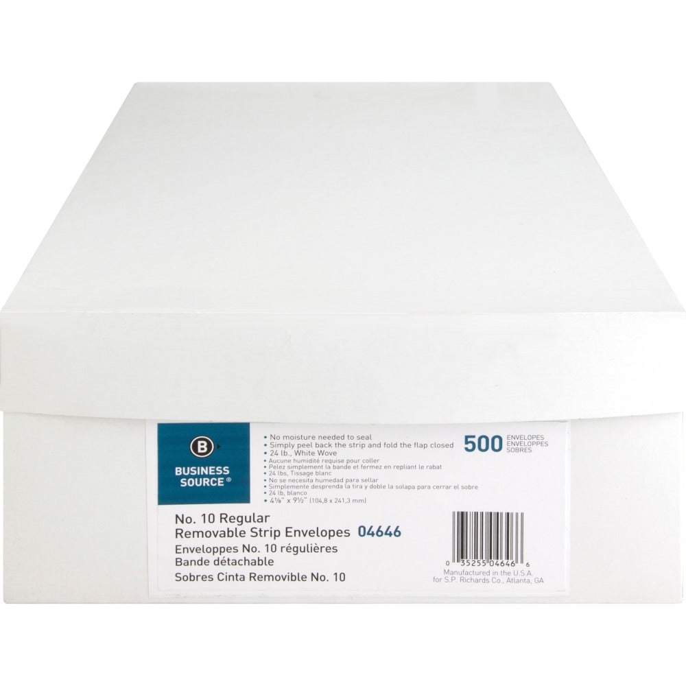 Business Source Plain Peel/Seal Business Envelopes - Business - #10 - 9 1/2in Width x 4 1/8in Length - 24 lb - Peel & Seal - Wove - 500 / Box - White