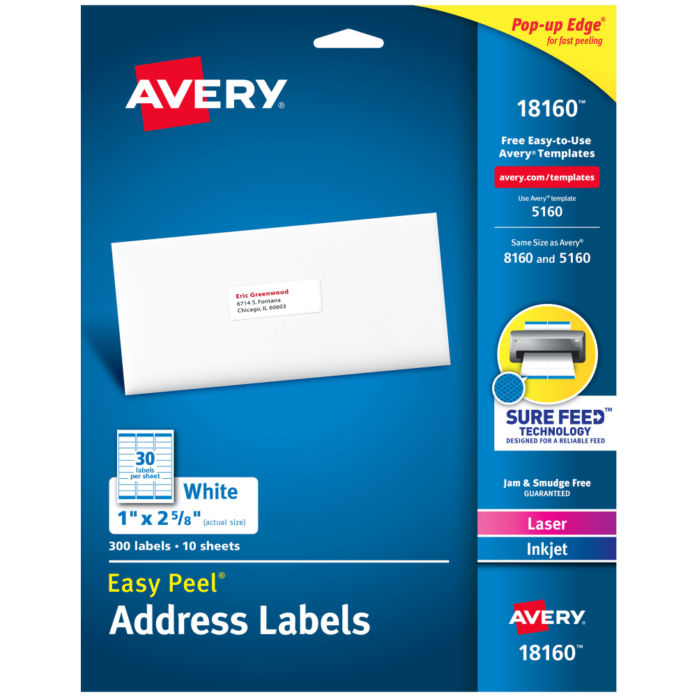 Avery Easy Peel Permanent Inkjet/Laser Address Labels, 18160, 1in x 2 5/8in, White, Pack Of 300