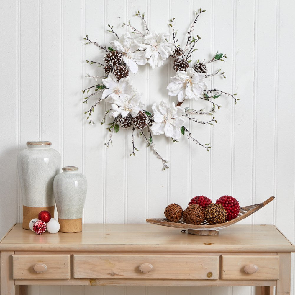 Nearly Natural 24inH Snowed Magnolia And Pine Cone Wreath, 24in x 3in, White