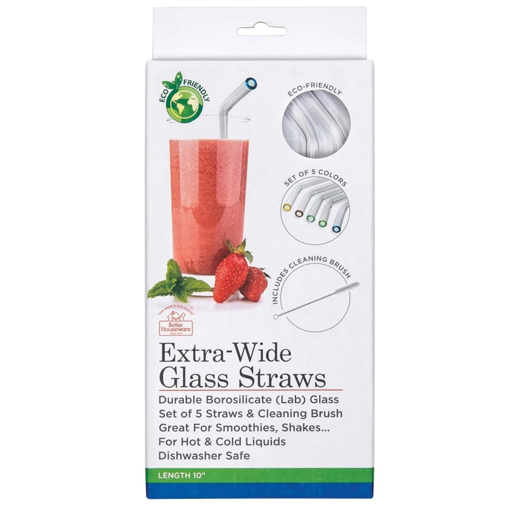 Better Houseware Glass Straws With Cleaning Brush, Extra-Wide, Clear, Set Of 5 Straws