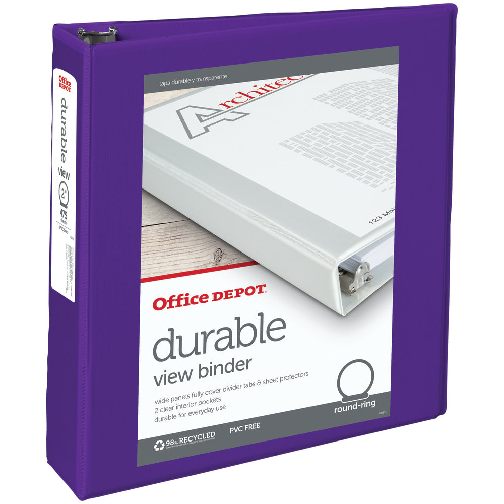 Office Depot Brand Durable View 3-Ring Binder, 2in Round Rings, Purple