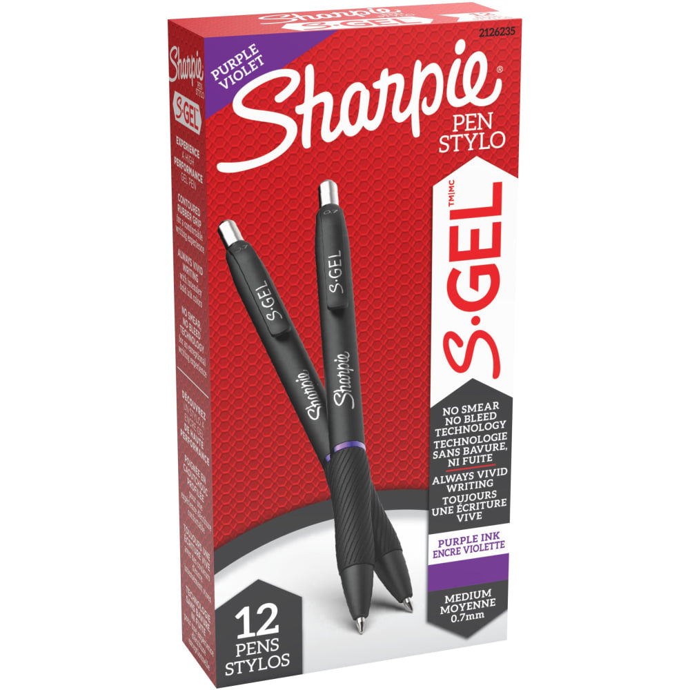 Sharpie S-Gel Pens, Medium Point, 0.7 mm, Black Barrel, Purple Ink, Pack Of 12 Pens