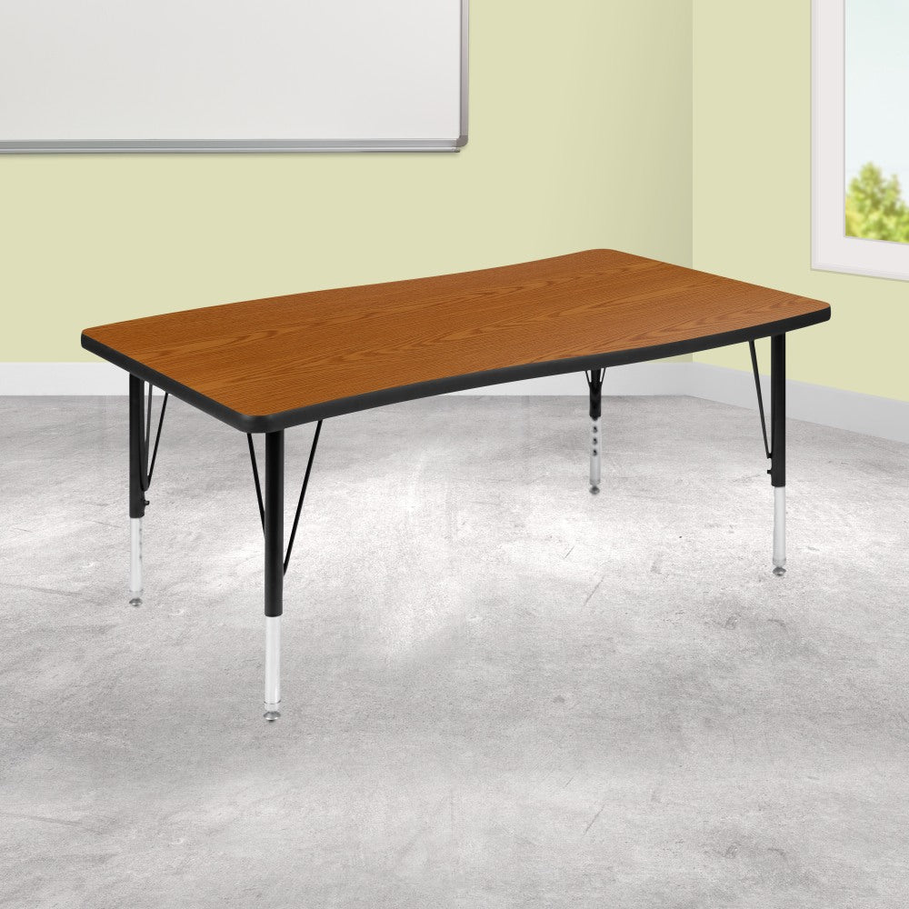 Flash Furniture Rectangle Wave Flexible Collaborative Thermal Laminate Activity Table With Height-Adjustable Short Legs, 25-1/4inH x 28inW x 47-1/2inD, Oak