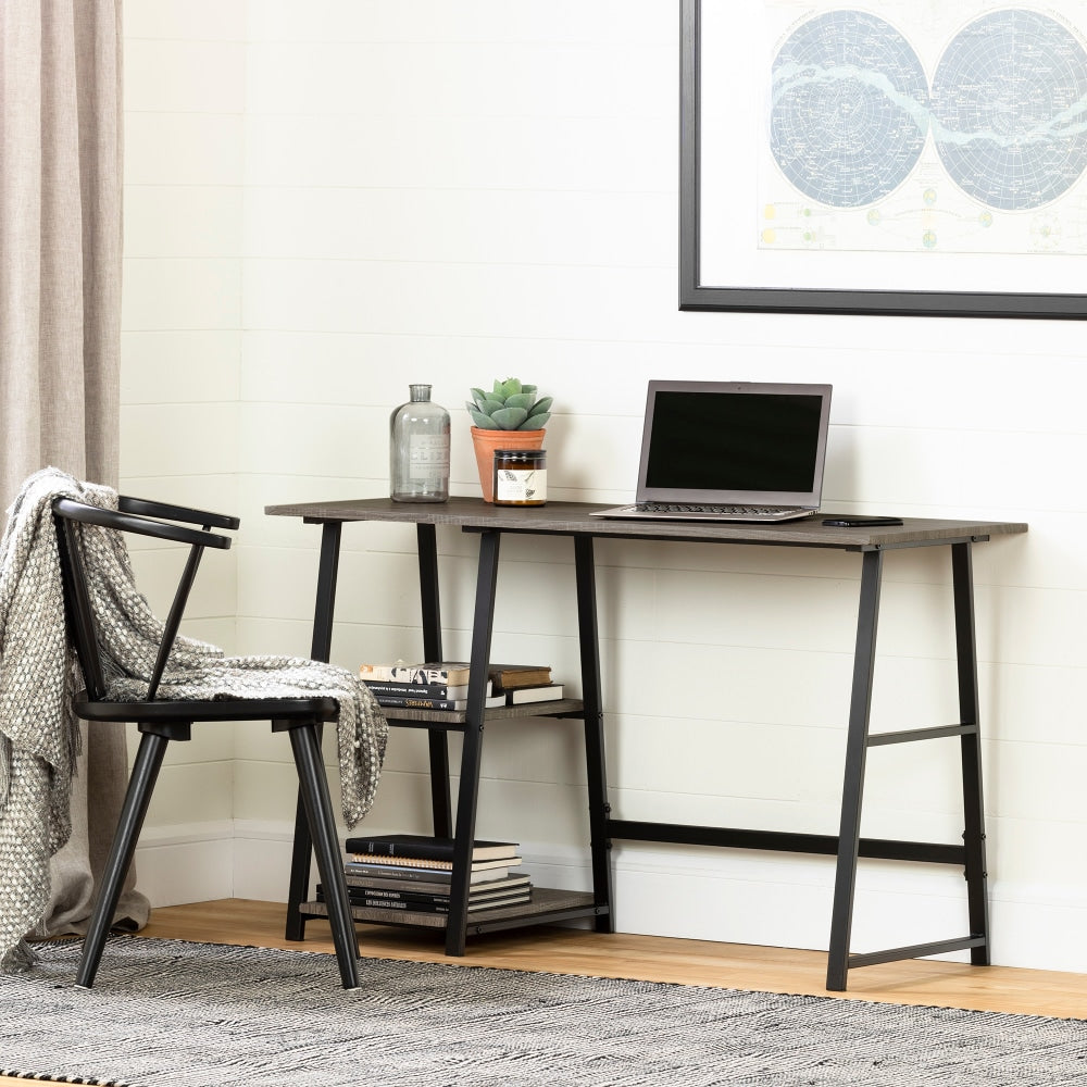 South Shore Evane Industrial 48inW Computer Desk With Bookcase, Oak Camel