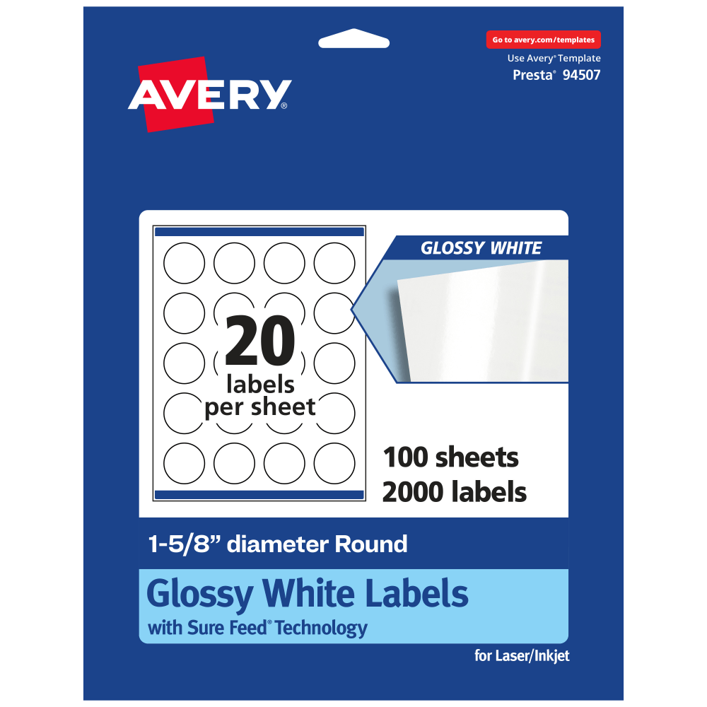 Avery Glossy Permanent Labels With Sure Feed, 94507-WGP100, Round, 1-5/8in Diameter, White, Pack Of 2,000