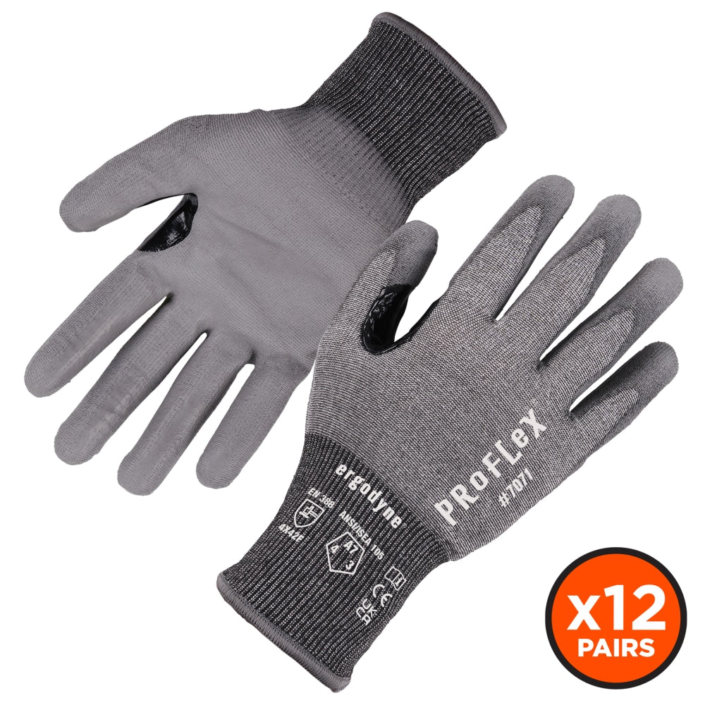 Ergodyne Proflex 7071-12PR PU-Coated Cut-Resistant Gloves, Gray, 2X, Set Of 12 Pairs