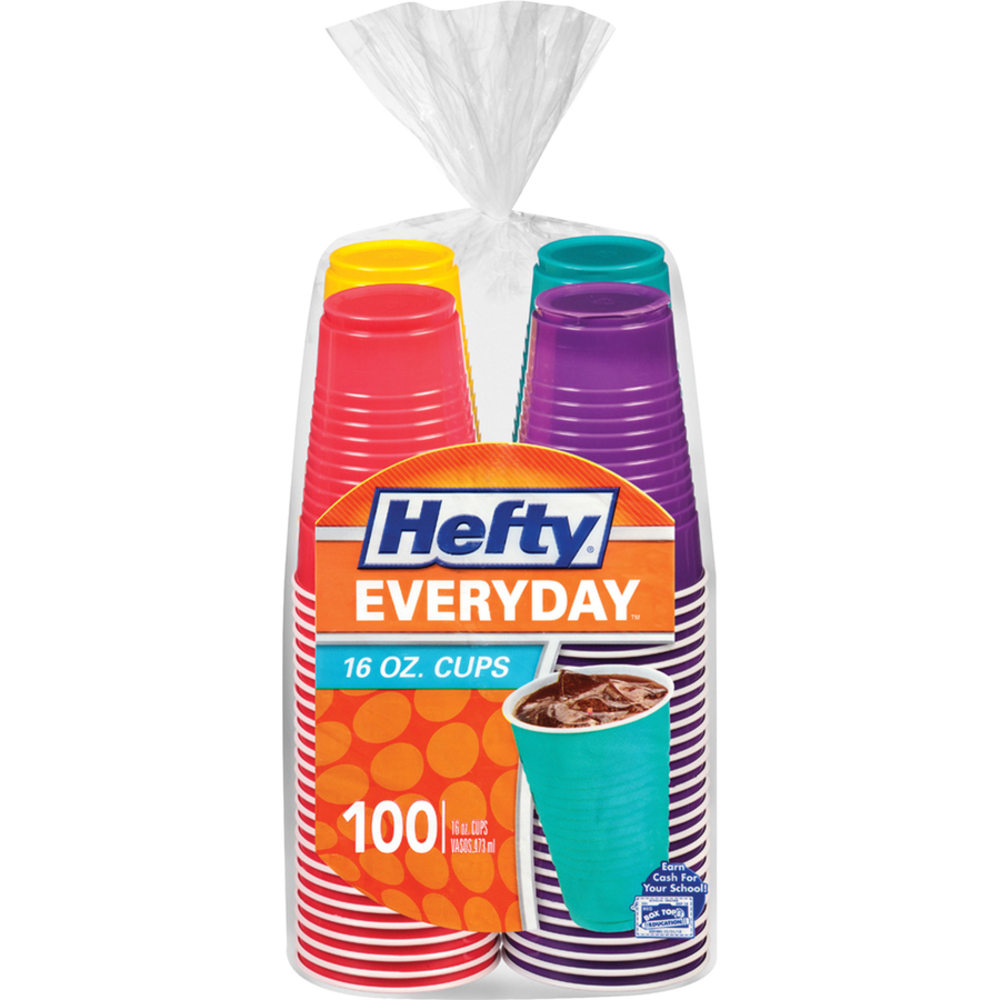 Hefty Disposable Party Cups - 100 / Pack - 4 / Carton - Yellow, Purple, Red, Teal, Assorted Bright - Plastic - Cold Drink, Party