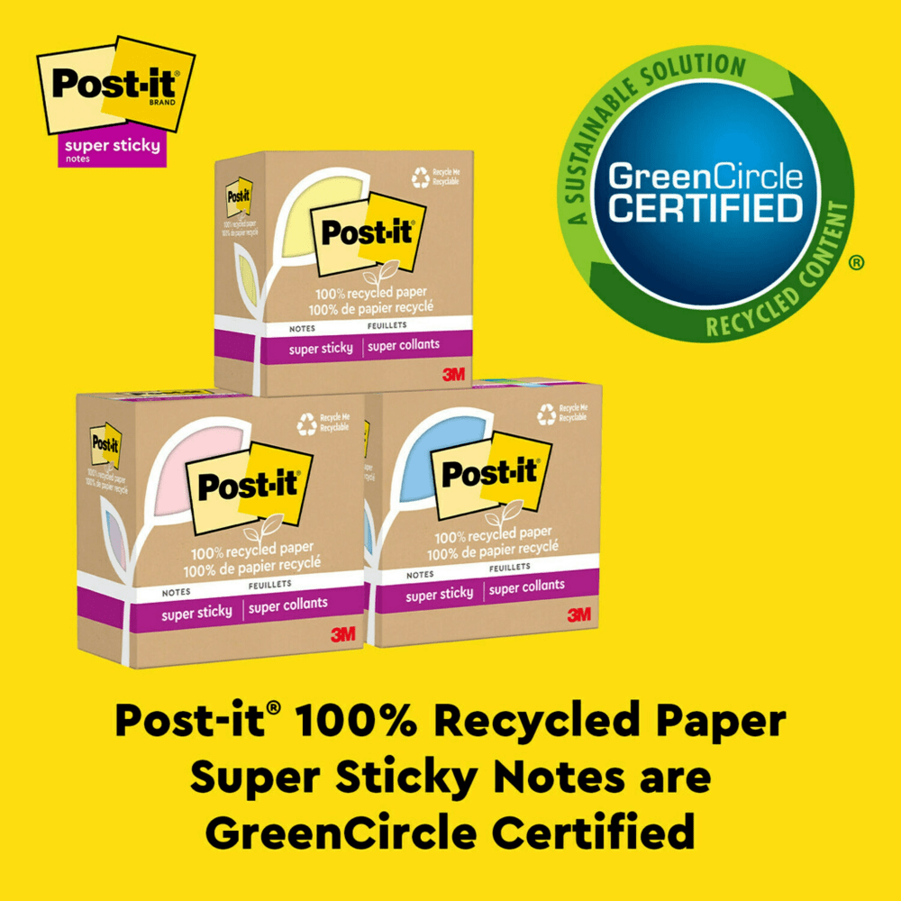 Post-it Super Sticky Recycled Notes, 3 in x 3 in, 12 Pads, 70 Sheets/Pad, Oasis collection