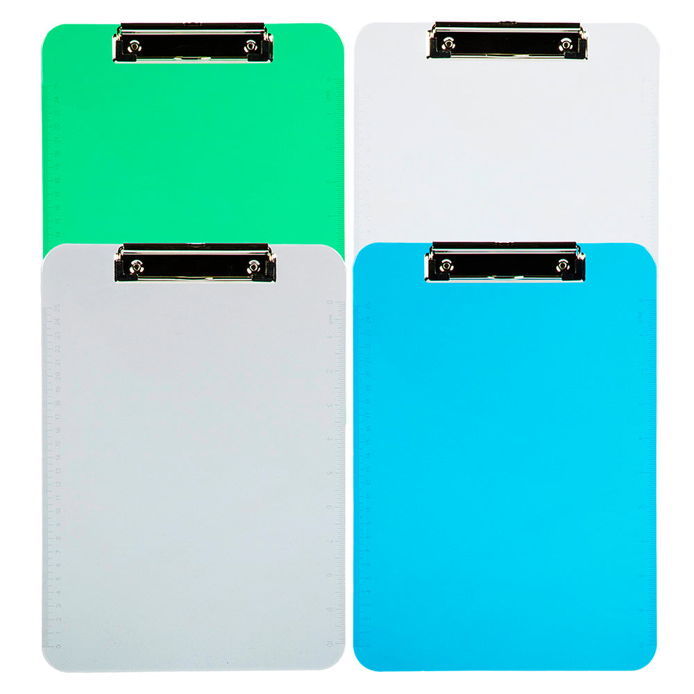 JAM Paper Letter-Size Clipboards With Low-Profile Metal Clips, 12-1/2in x 9in, Silver/Blue/Green, Pack Of 4 Clipboards