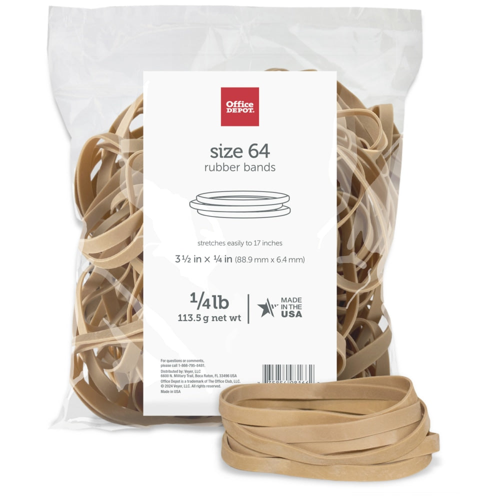 Office Depot Brand Rubber Bands, #64, 3 1/2in x 1/4in, 1/4 Lb. Bag