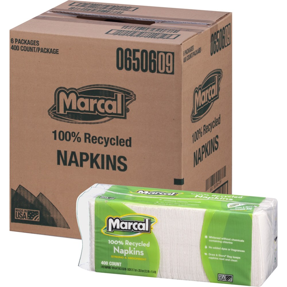 Marcal Luncheon Napkins, 11-3/8inH x 10-1/2inW, 100% Recycled, Pack Of 400