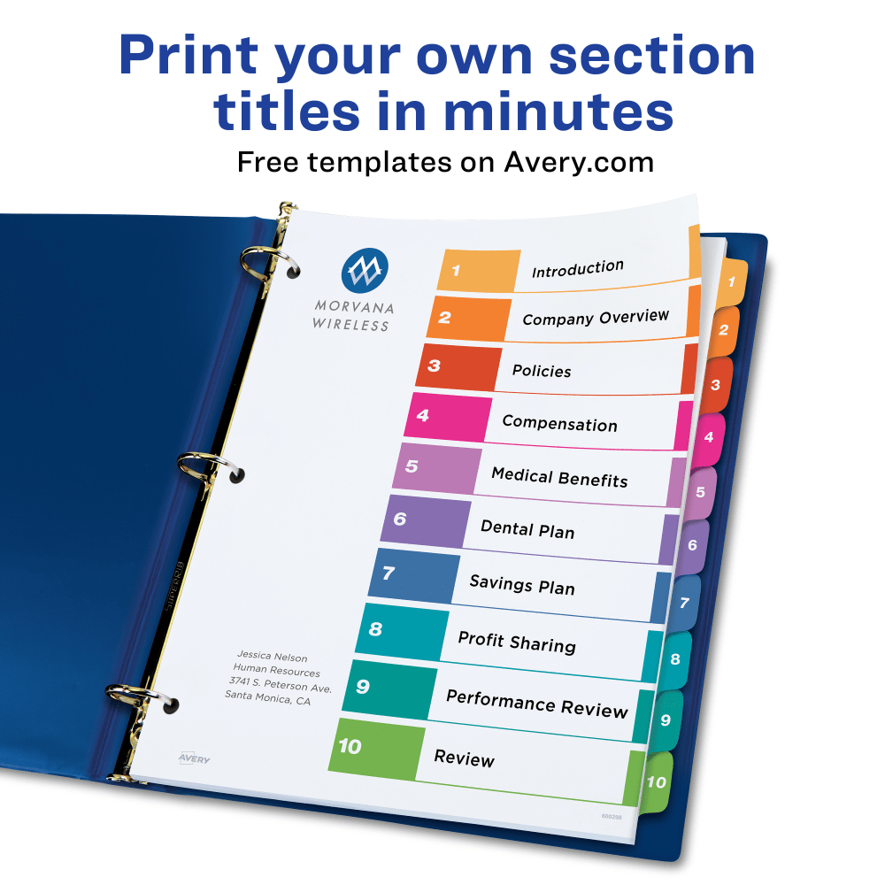 Avery Ready Index 1-10 Tab Binder Dividers With Customizable Table Of Contents, 8-1/2in x 11in, 10 Tab, White/Multicolor, Pack Of 3 Sets