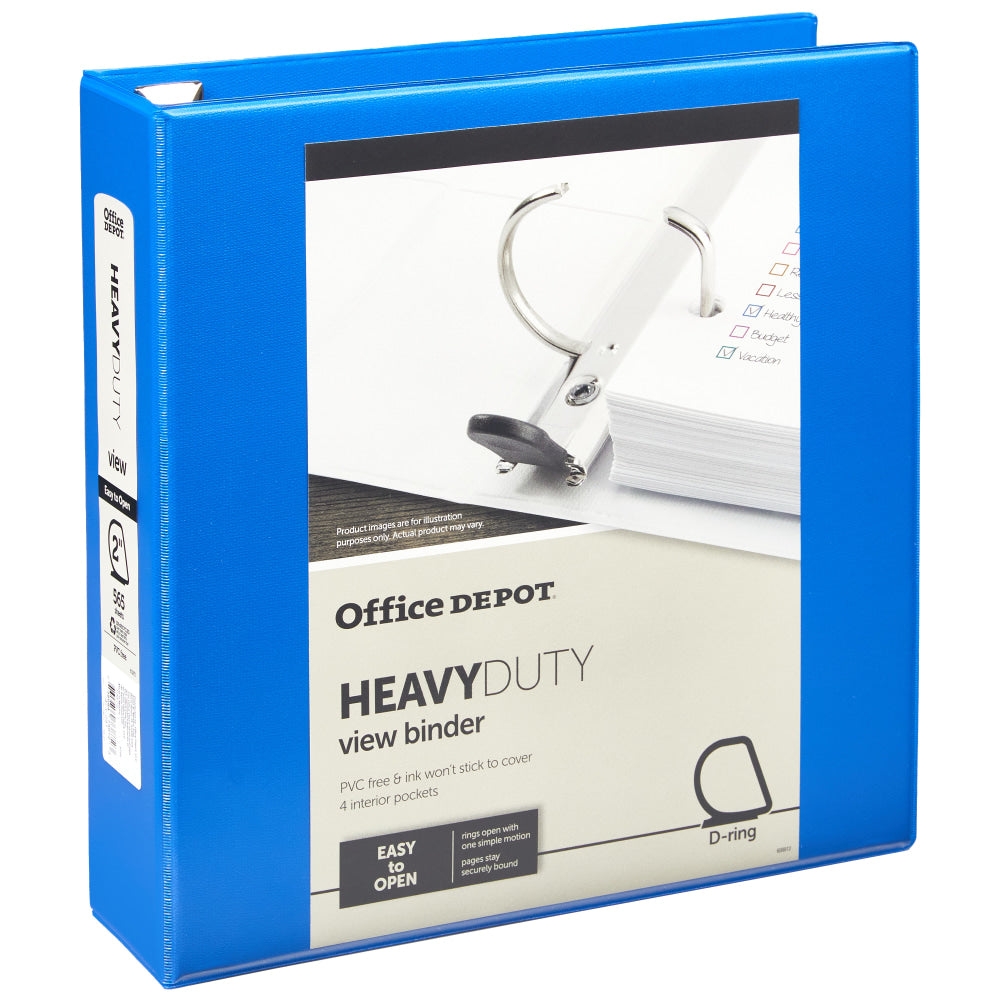 Office Depot Brand Heavy-Duty View 3-Ring Binder, 2in D-Rings, Blue