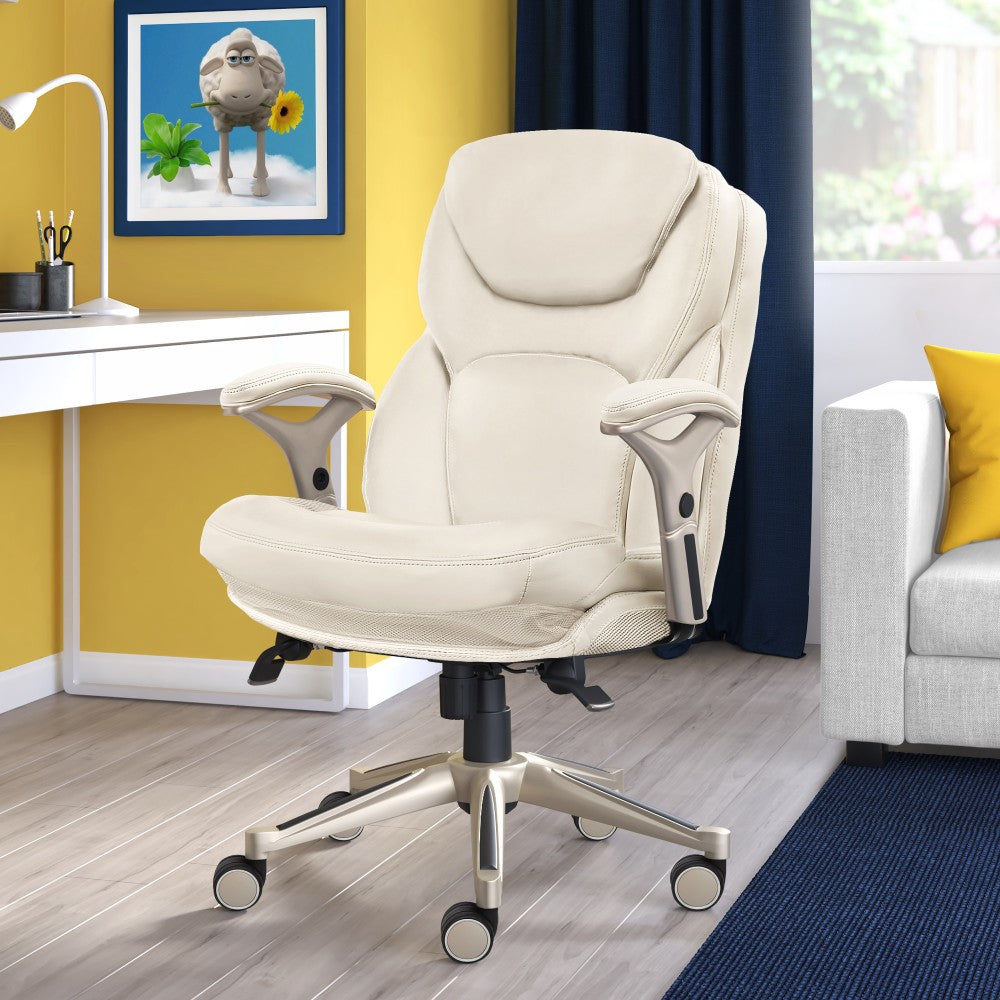 Serta Works Bonded Leather Mid-Back Office Chair With Back In Motion Technology, Ivory/Silver