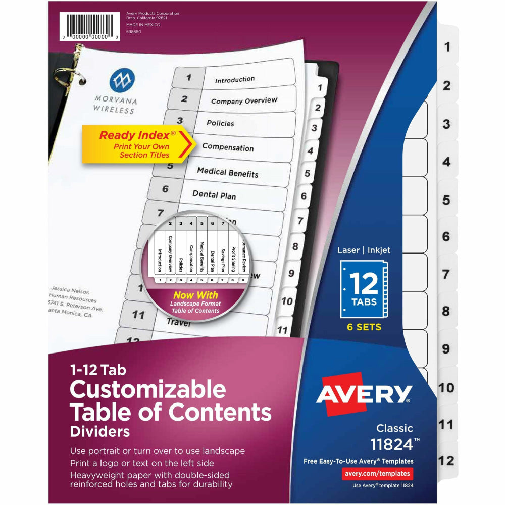 Avery Ready Index Binder Dividers, 8-1/2in x 11in, White, 12 Tabs Per Pack, Set Of 6 Packs