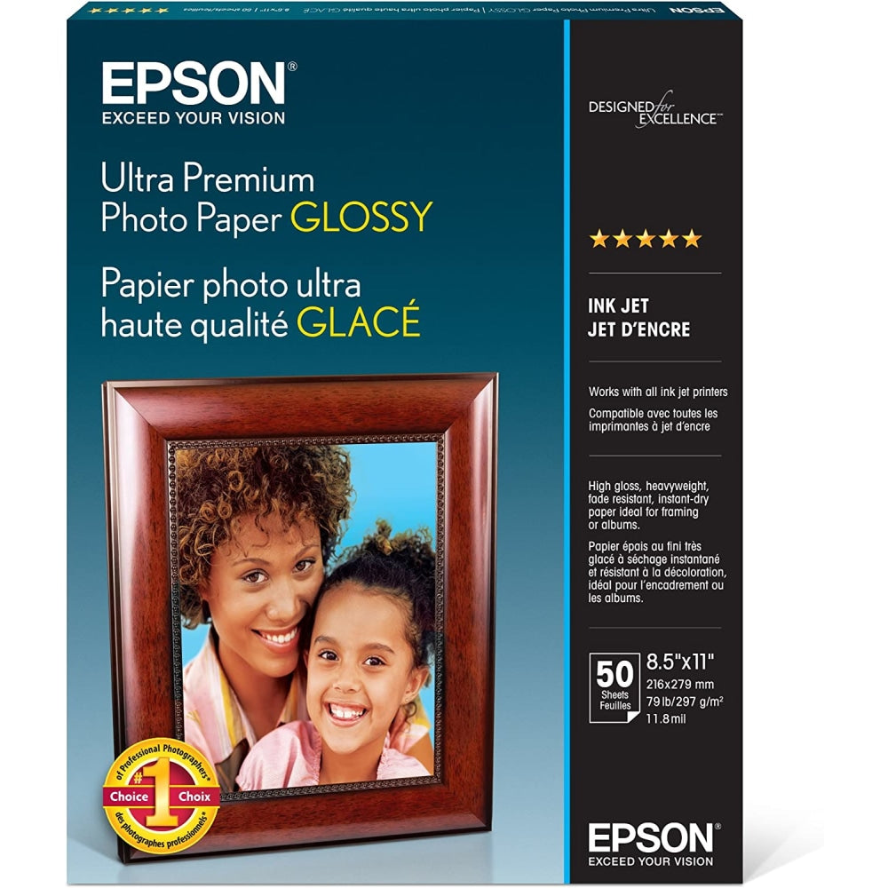 Epson Ultra Premium Glossy Photo Paper, Letter Size (8 1/2in x 11in), 79 Lb, Pack Of 50 Sheets, #S042175