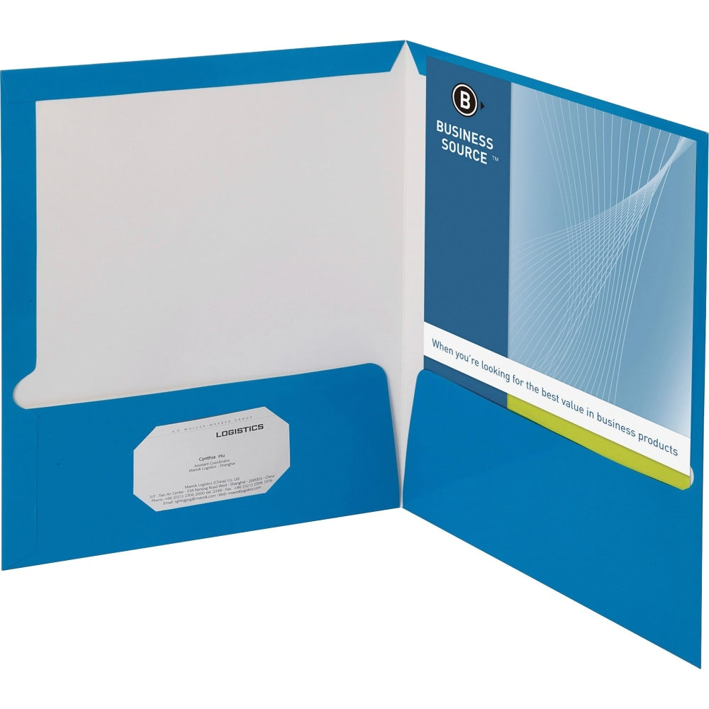 Business Source Letter Pocket Folder - 8 1/2in x 11in - 100 Sheet Capacity - 2 Internal Pocket(s) - Blue - 25 / Box